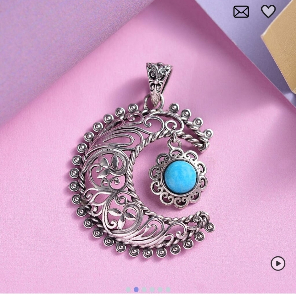 ๐๏ธ Sterling Silver Artisan Crafted Blue Ridge Turquoise Crescent Moon Pendant - Picture 2 of 6